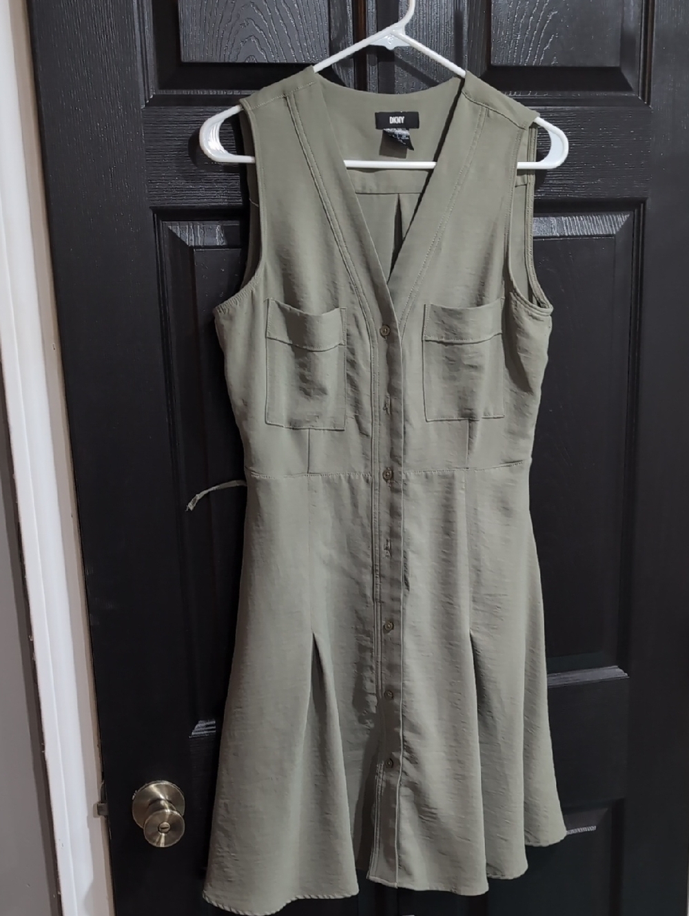 DKNY Olive Green Sleeveless Button-Front Midi Dress